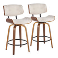26" Mid-Century Modern Counter Stool with Swivel in Walnut Wood and Cream Noise Fabric with Round Black Metal Footrest - Set of 2 A351