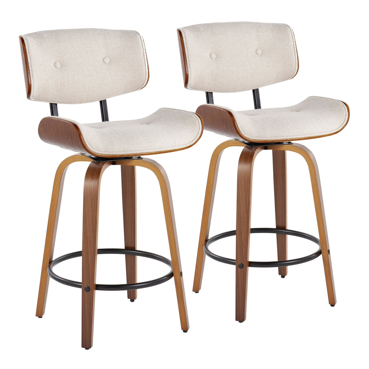 26" Mid-Century Modern Counter Stool with Swivel in Walnut Wood and Cream Noise Fabric with Round Black Metal Footrest - Set of 2 A351