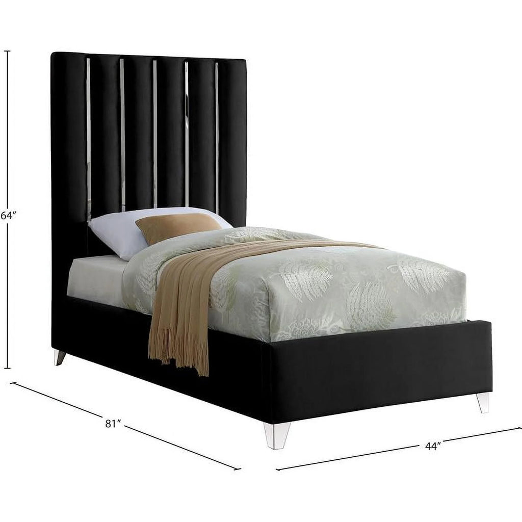 Solid Wood and Velvet Twin Bed in Black E494