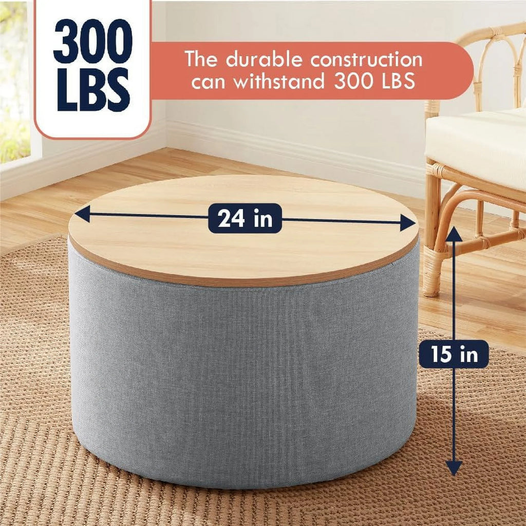 Large Round Linen Beige Coffee Table Ottoman with Lift Off Lid W3117
