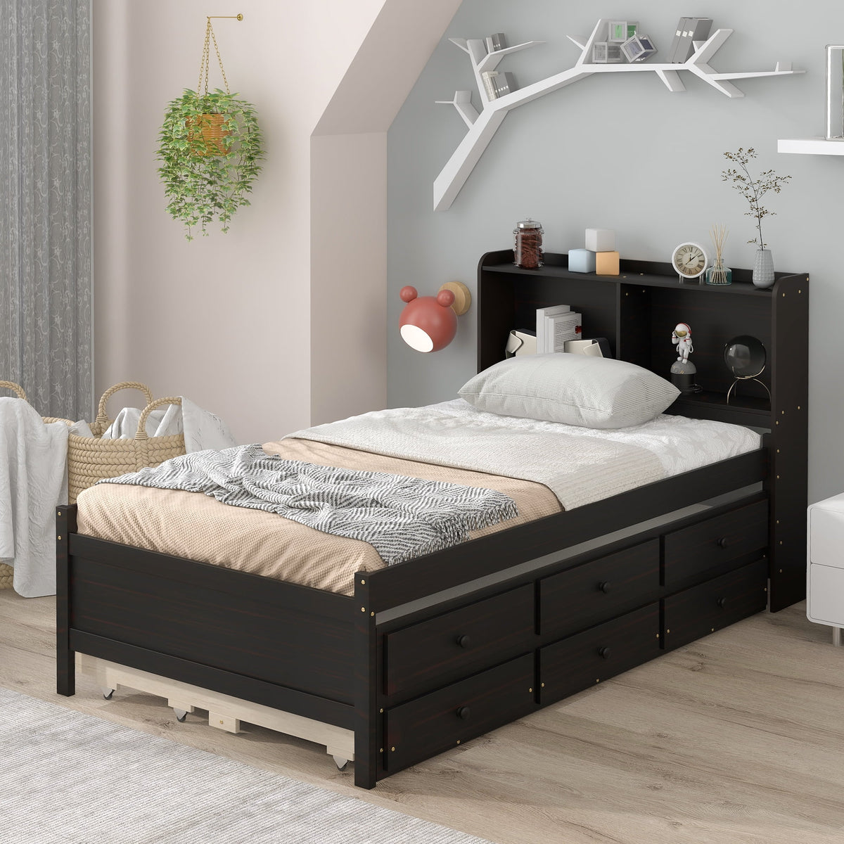 Twin Bed with Bookcase Trundle Drawers H645796
