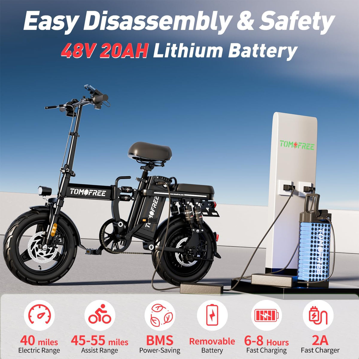14" Folding Electric Commuting Bike with 1000W Brushless Motor, 48V 20Ah Removable Battery G647365