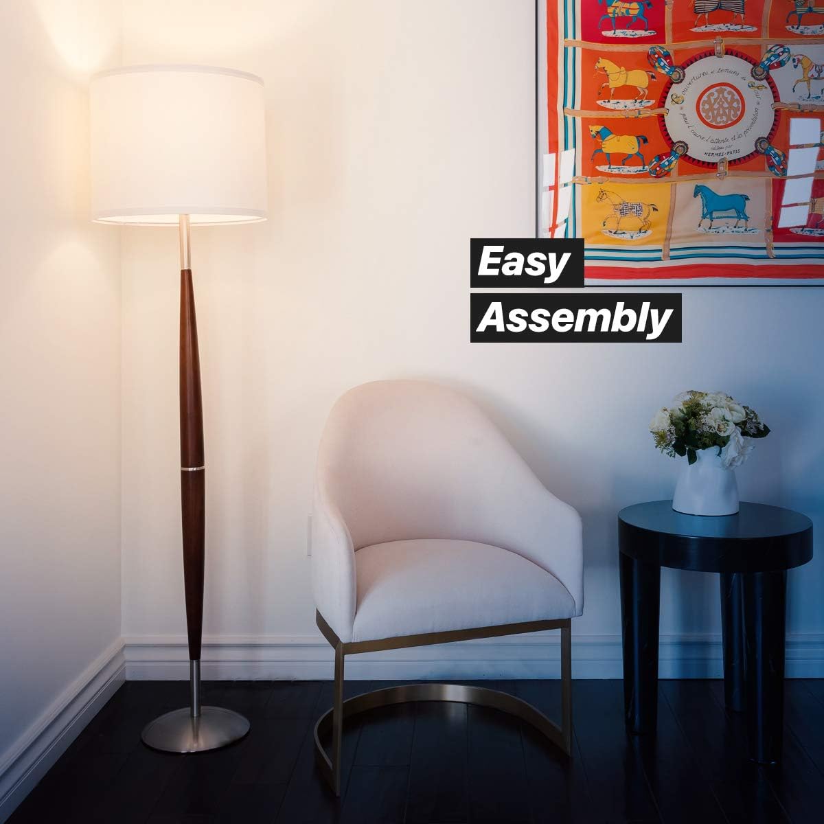 Mid Century Modern Floor Lamp with Drum Shade & Wood Finish T36669