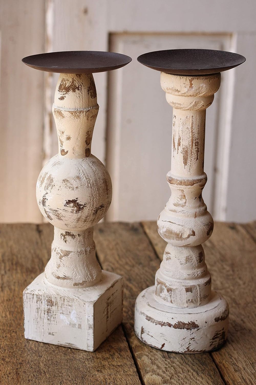 Antique White Wooden Candle Holders Set of 2 C994738