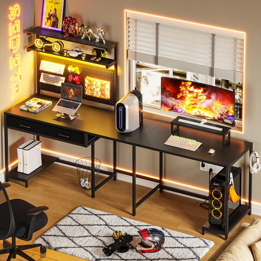 Black Reversible L-Shaped Computer Desk with Hutch and Drawers M21465