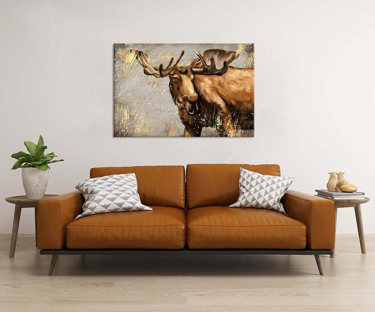 Large Vintage Moose Canvas Wall Art Abstract Wildlife Elk Deer Picture Painting Stretched and Framed Ready to Hang 24x36inch L44075