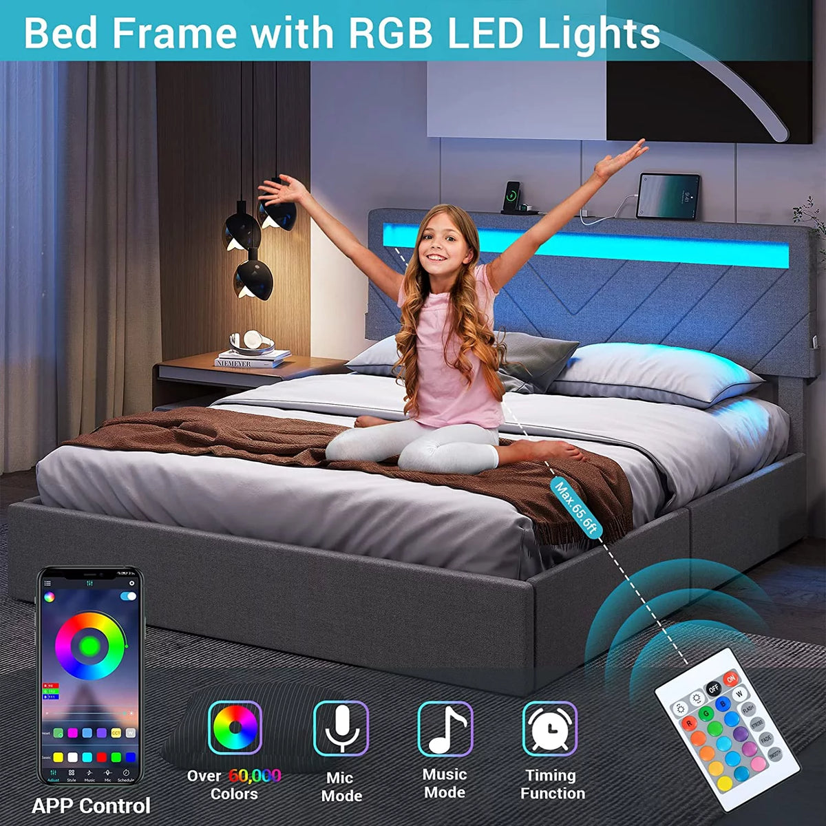 Queen Platform Bed Frame with 4 Storage Drawers, 2 USB Ports, LED Headboard, Dark Grey R327