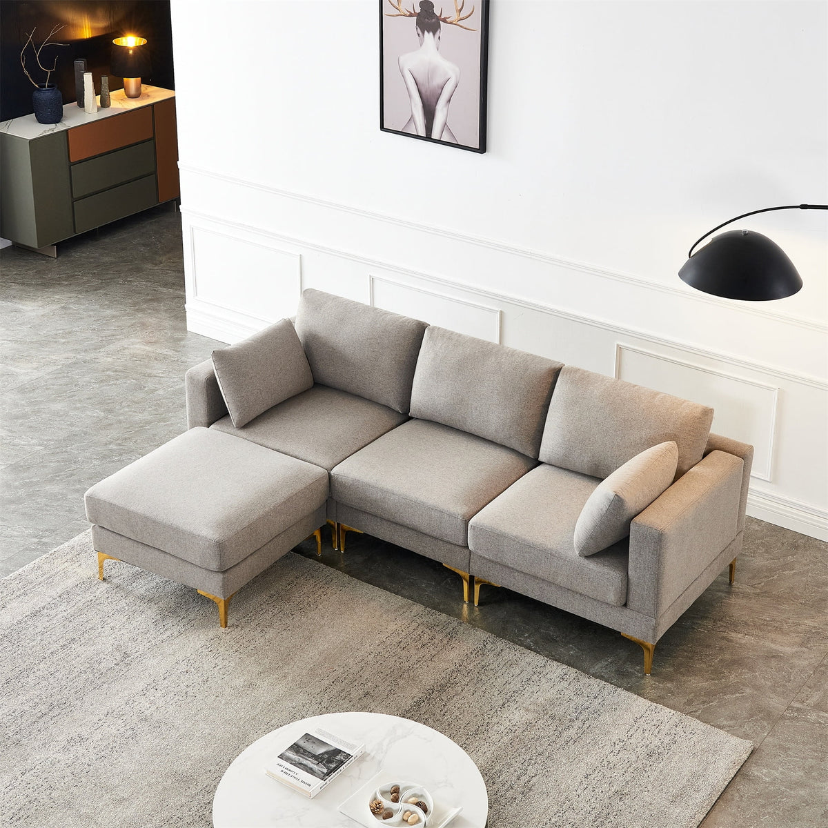 3-seater L Shape Fabric Sectional Sofa with Ottoman Grey C26121