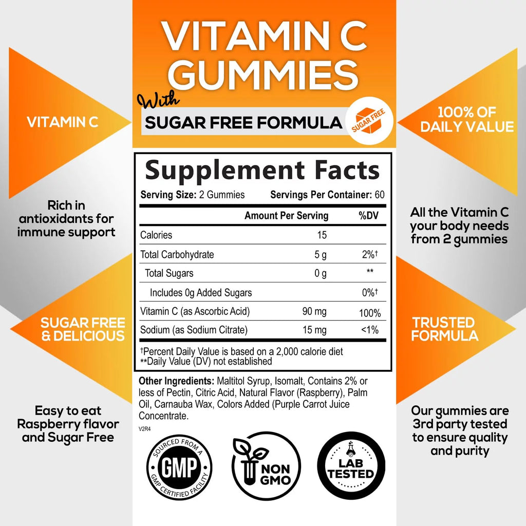 Sugar Free Vitamin C Gummies - Vegan, Non-GMO, Dairy & Gluten Free - Raspberry Flavor - 120 Count T449596