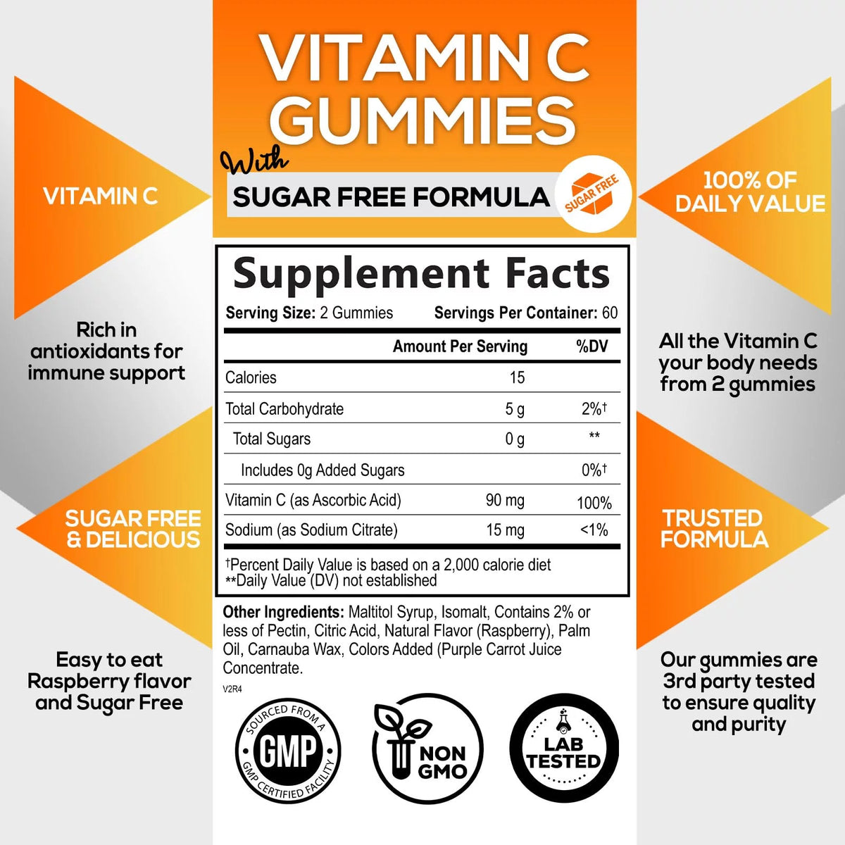 Sugar Free Vitamin C Gummies - Vegan, Non-GMO, Dairy & Gluten Free - Raspberry Flavor - 120 Count T449596