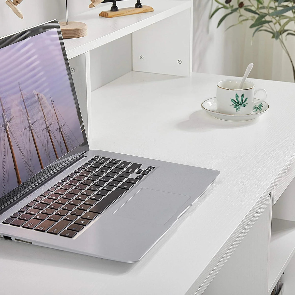 White Computer Desk with Keyboard Tray and Drawers H311