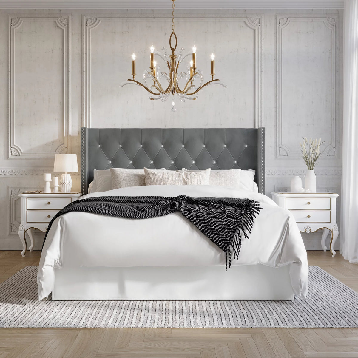 Button Tufted Wingback Velvet Upholstered Queen Bed H3404