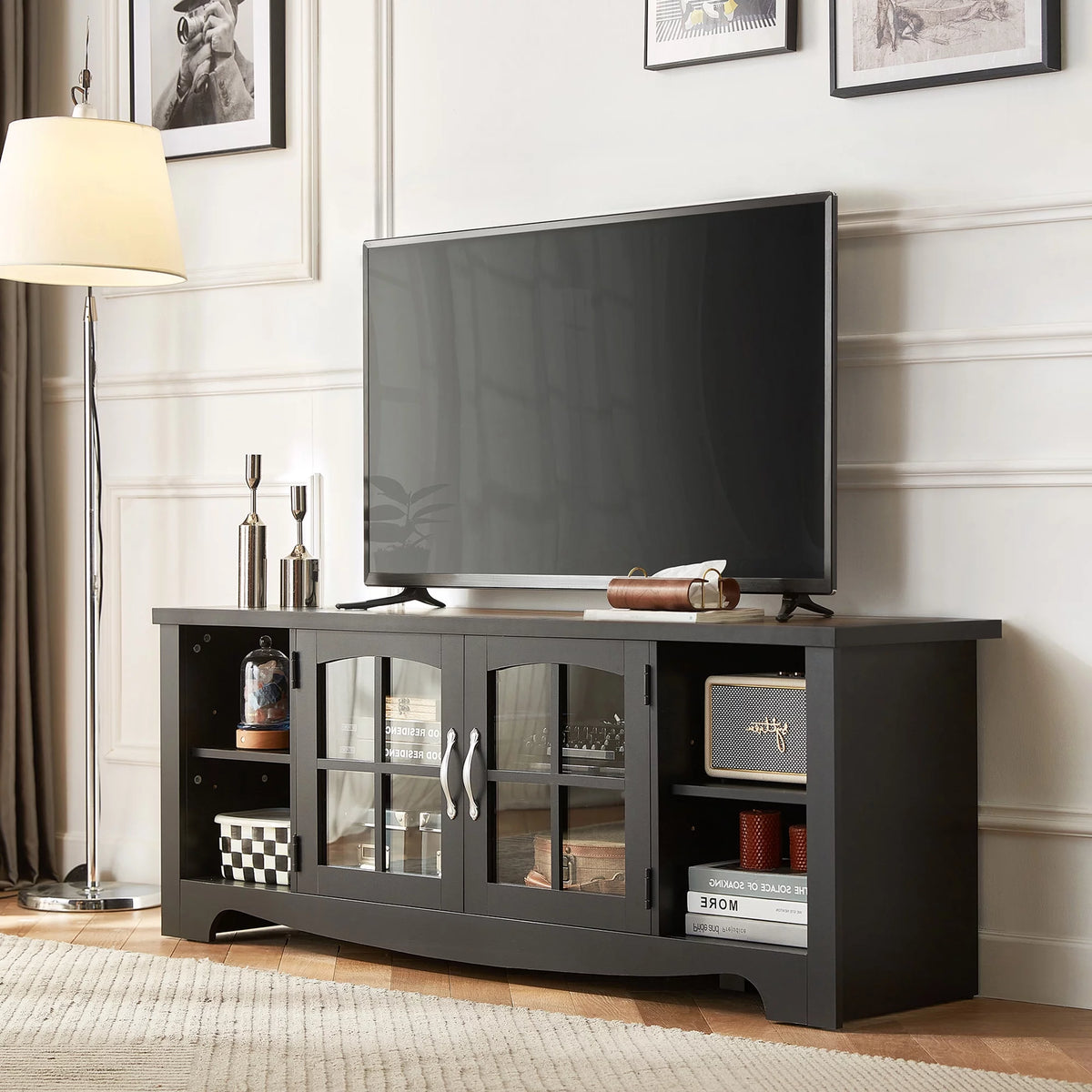 Modern Farmhouse TV Stand with Storage Cabinet and Adjustable Shelves L9702