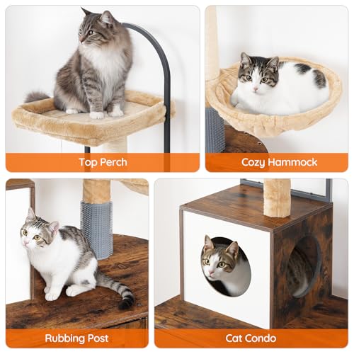 Cat Tree with Litter Box Enclosure, 31.5" Cat Tower with Sisal Posts, Hammock, Rustic Brown J4686