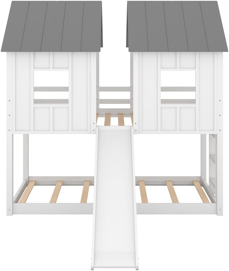 White Twin Over Twin Bunk Bed with Slide and Windows F3611