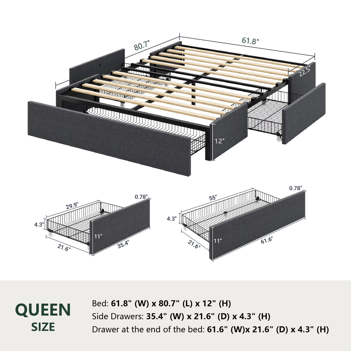 Queen Size Upholstered Platform Bed Frame with 3 Storage Drawers I170730