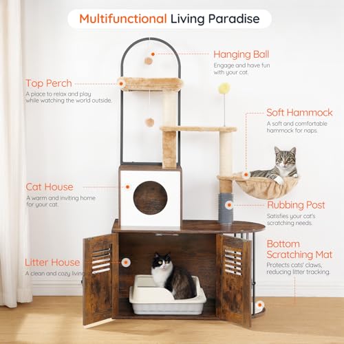Cat Tree with Litter Box Enclosure, 31.5" Cat Tower with Sisal Posts, Hammock, Rustic Brown J4686