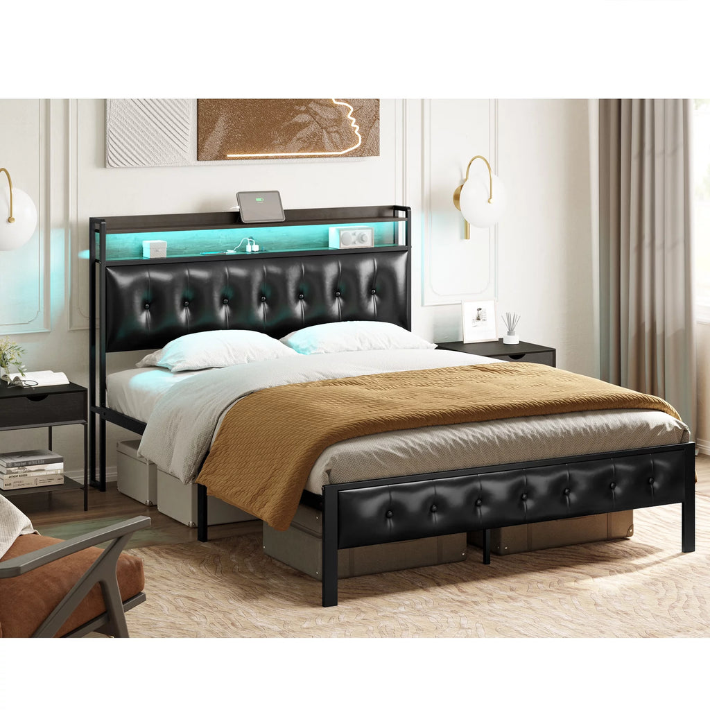 Queen Upholstered Platform Bed Frame with Storage Headboard Y64383