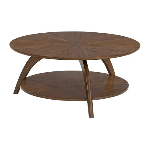 Caramel Brown Round Wood Coffee Table with Shelf Storage F186