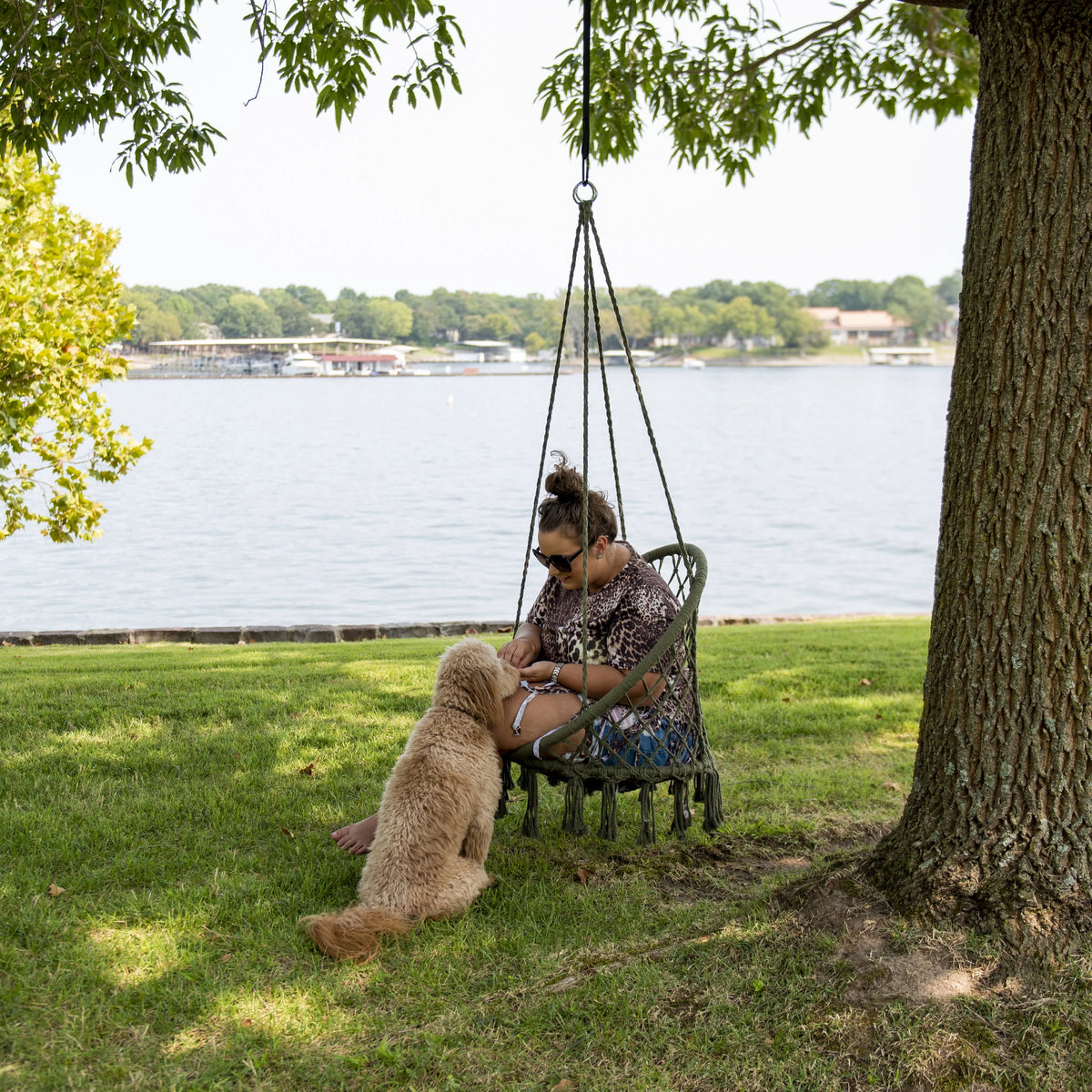 Macrame Outdoor Hammock Chair, Cotton Blend Olive Green, 47” L x 24” W, Capacity 250 lb. E544089