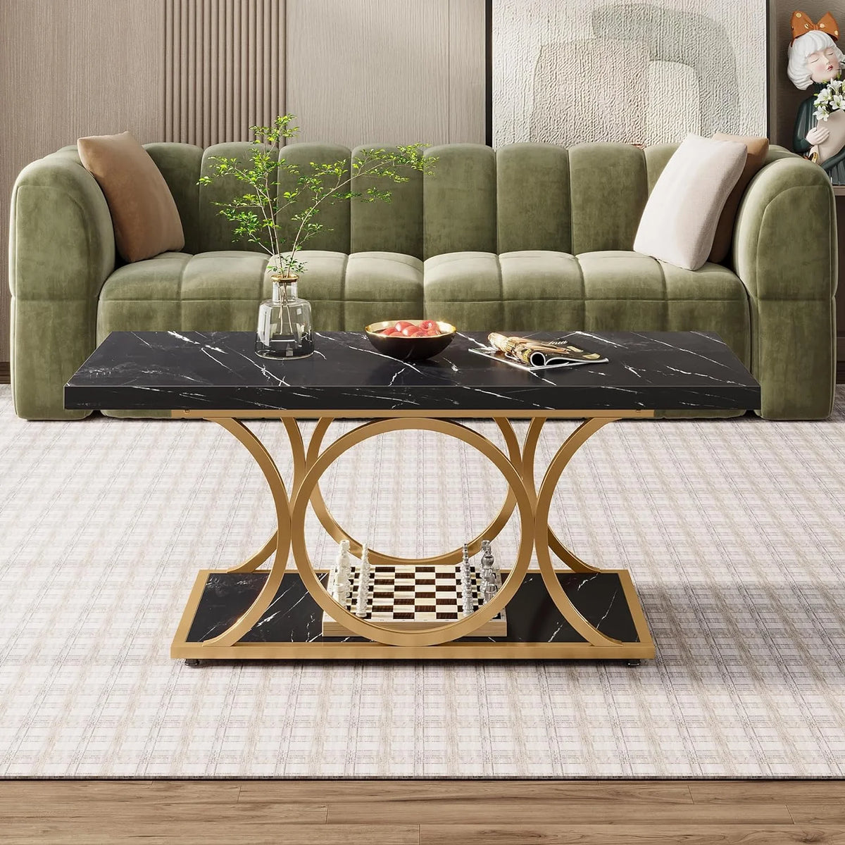 2-Tier Faux Marble Wood Coffee Table with Storage Shelf W318