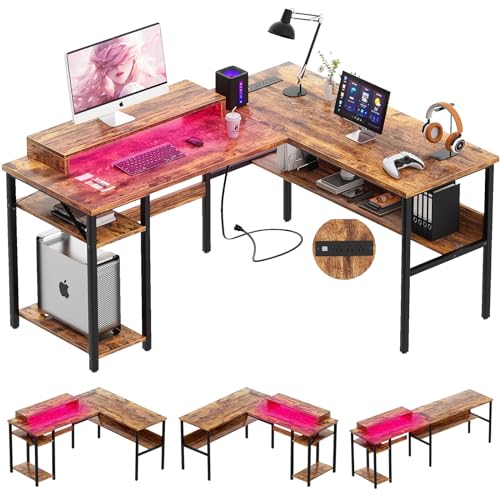 Black Reversible L Shaped Desk with Power Outlets and LED Light D28543