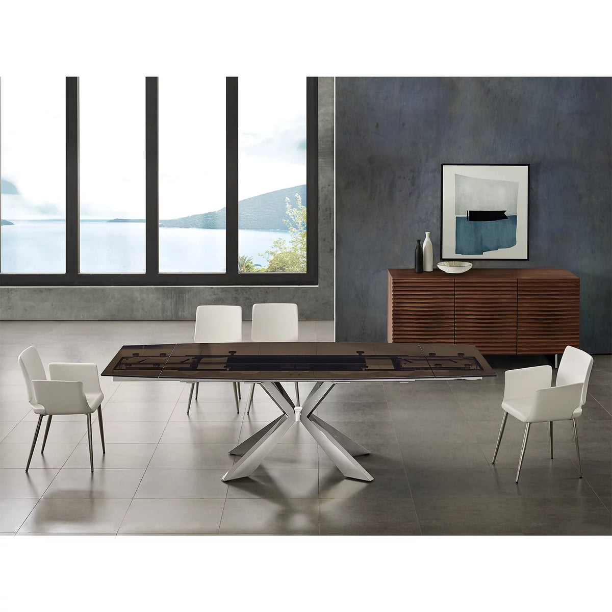 Smoked Glass Dining Table With Stainless Steel Base J734