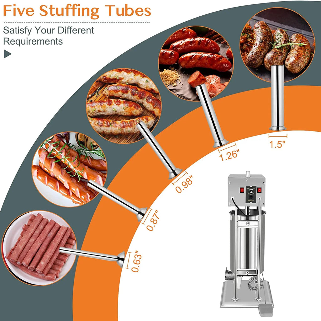 15.4LBS/10L Electric Stainless Steel Sausage Stuffer with 5 Stuffing Tubes C5259