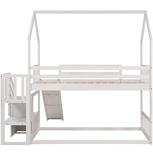 Twin Over Twin White Wood Bunk Bed with Slide and Storage Staircase K62809