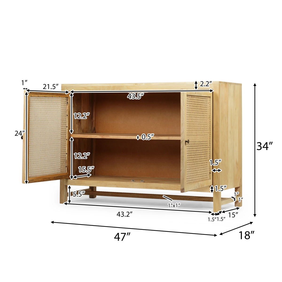2 Door Mango Wood Cabinet with Wicker Caning W524583