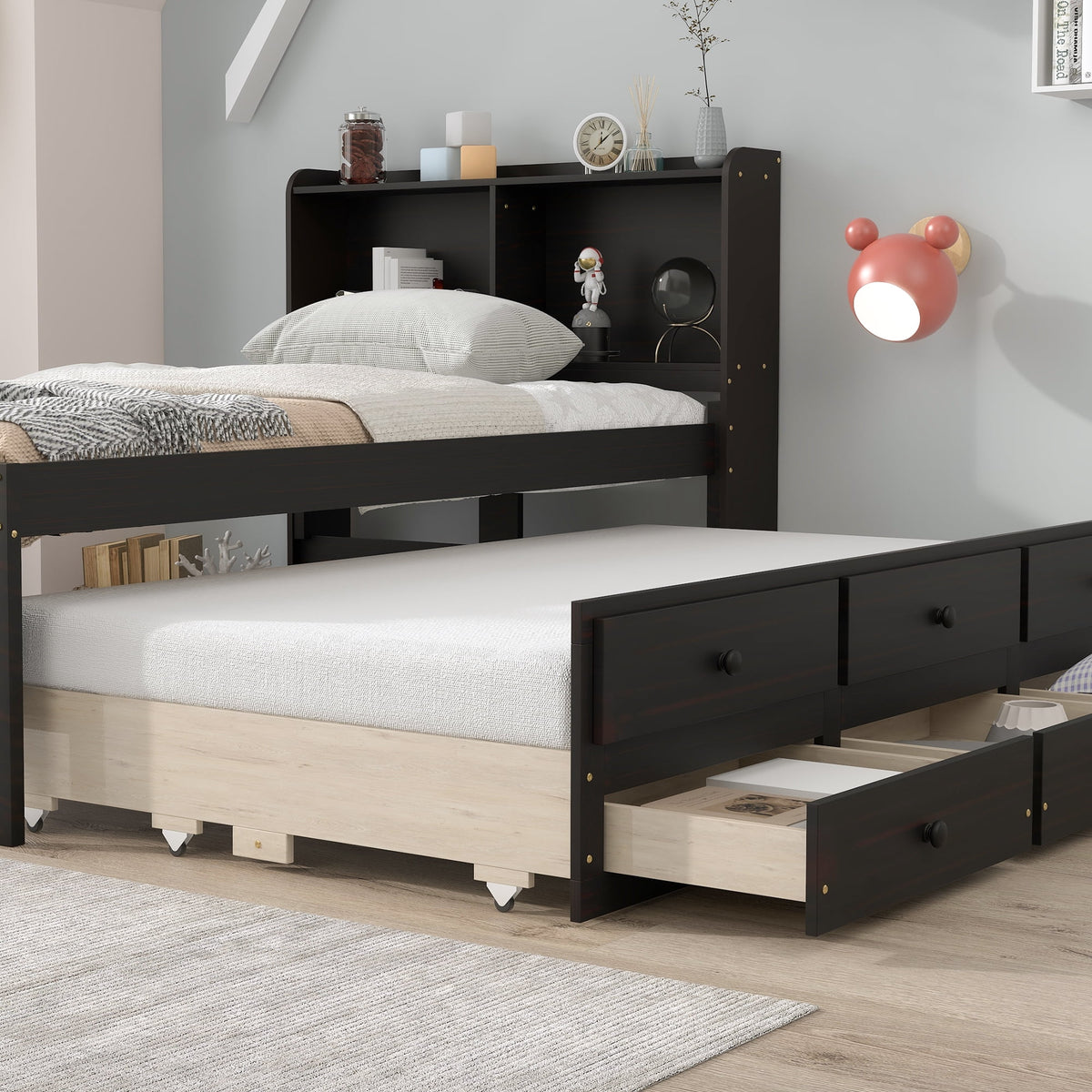Twin Bed with Bookcase Trundle Drawers H645796