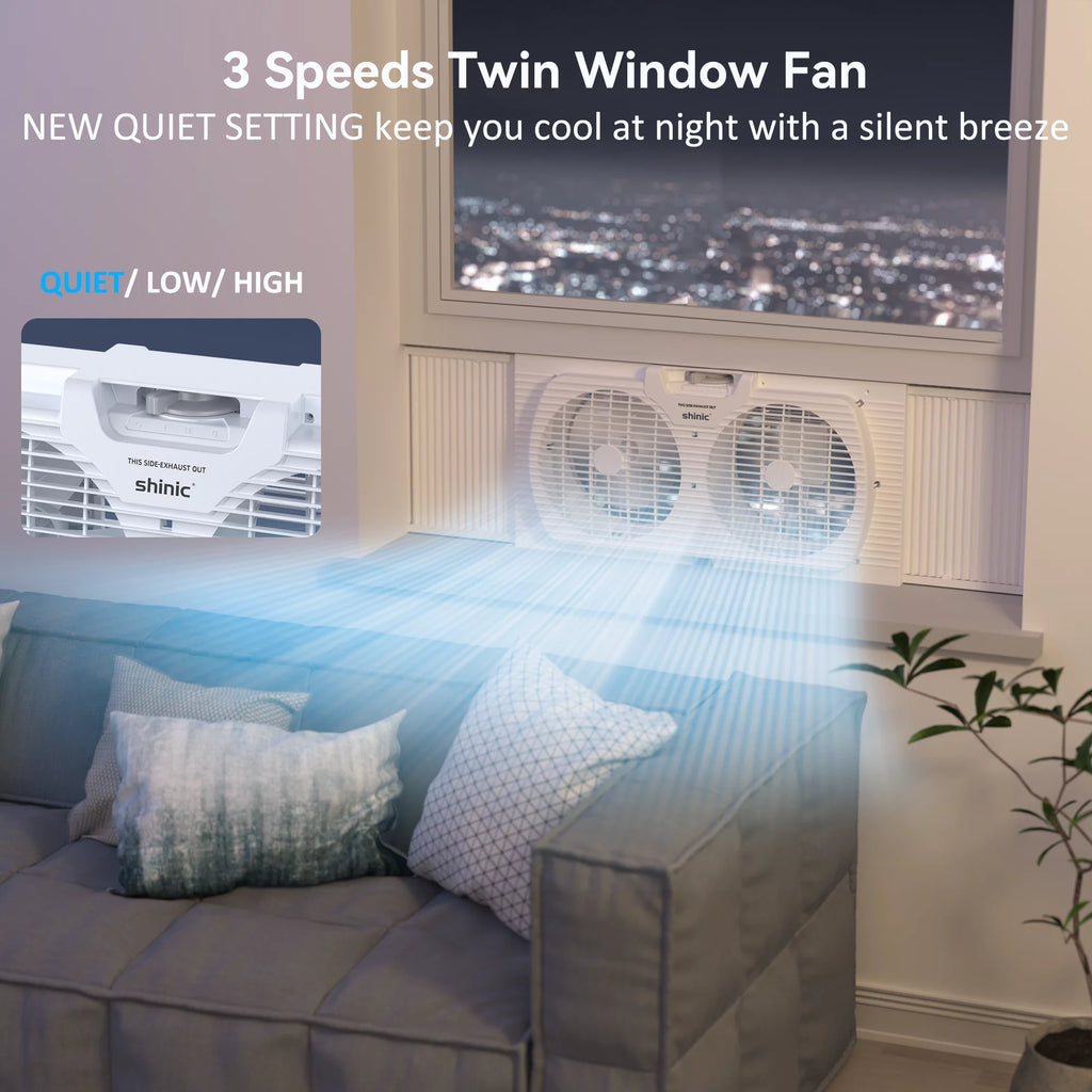 9 3-Speed Twin Window Fan with Removable Bug Screen, White E6926