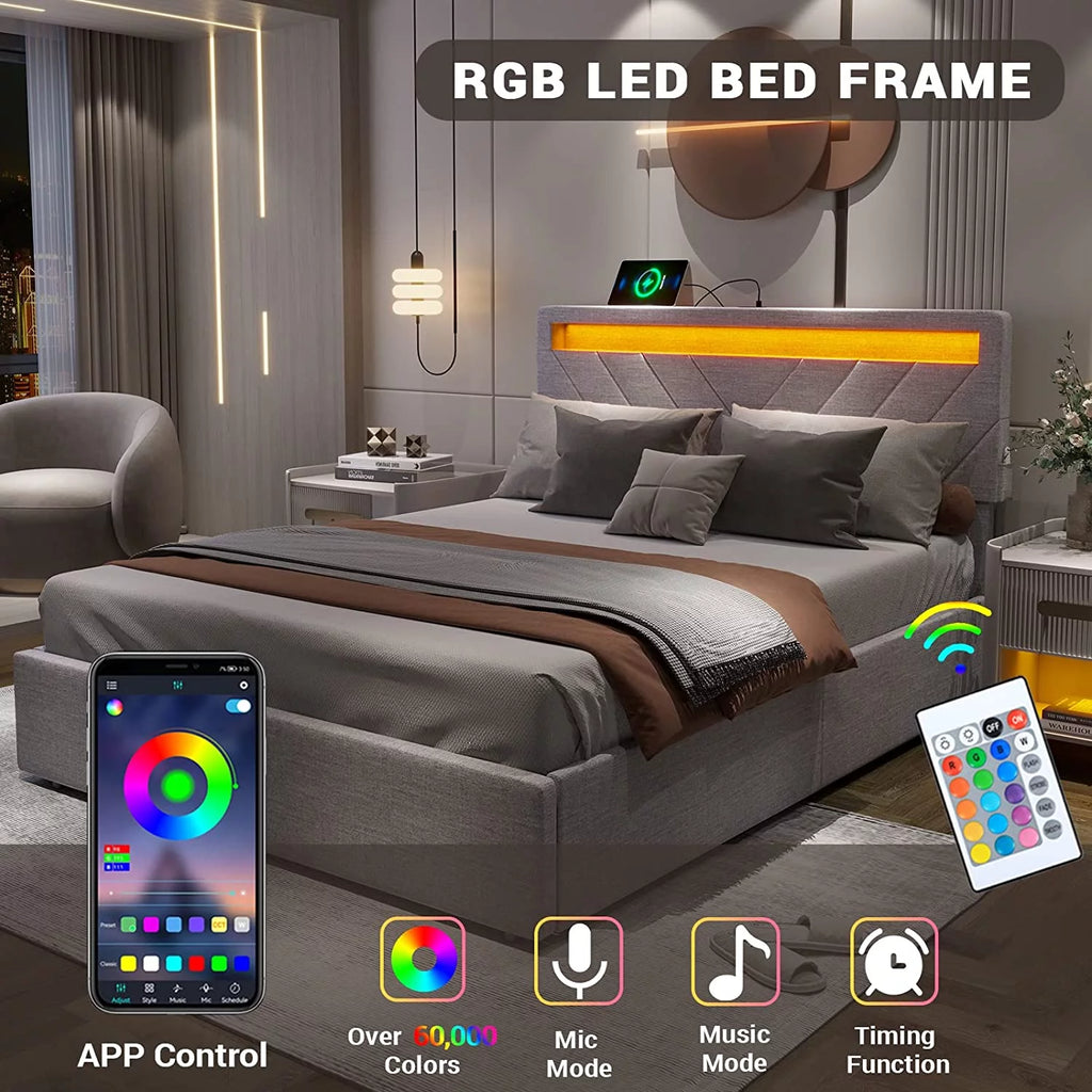 Queen Platform Bed Frame with 4 Storage Drawers, 2 USB Ports, LED Headboard, Dark Grey N8716