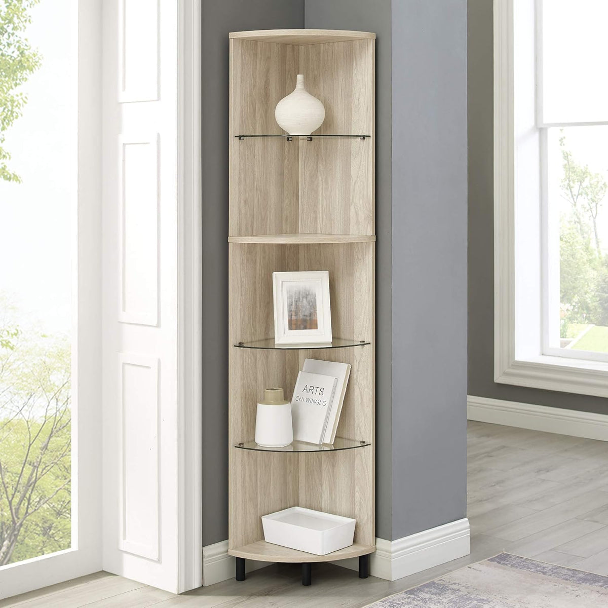 4 Glass Shelf Bookcase, 48 Inch, Dark Walnut O48294