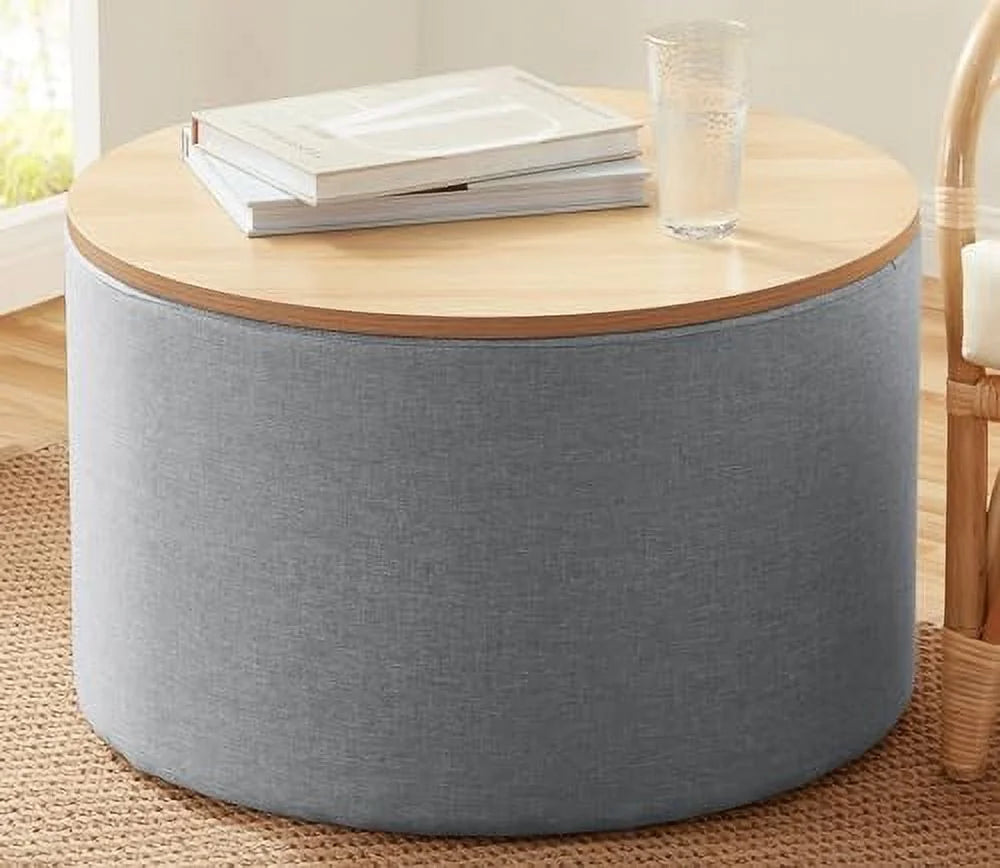 Large Round Linen Beige Coffee Table Ottoman with Lift Off Lid W3117