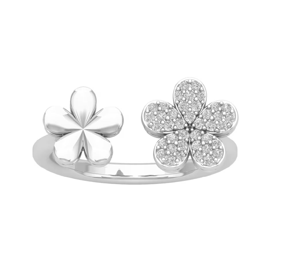 14K White Gold Diamond Double Flower Ring, Size 7 X985