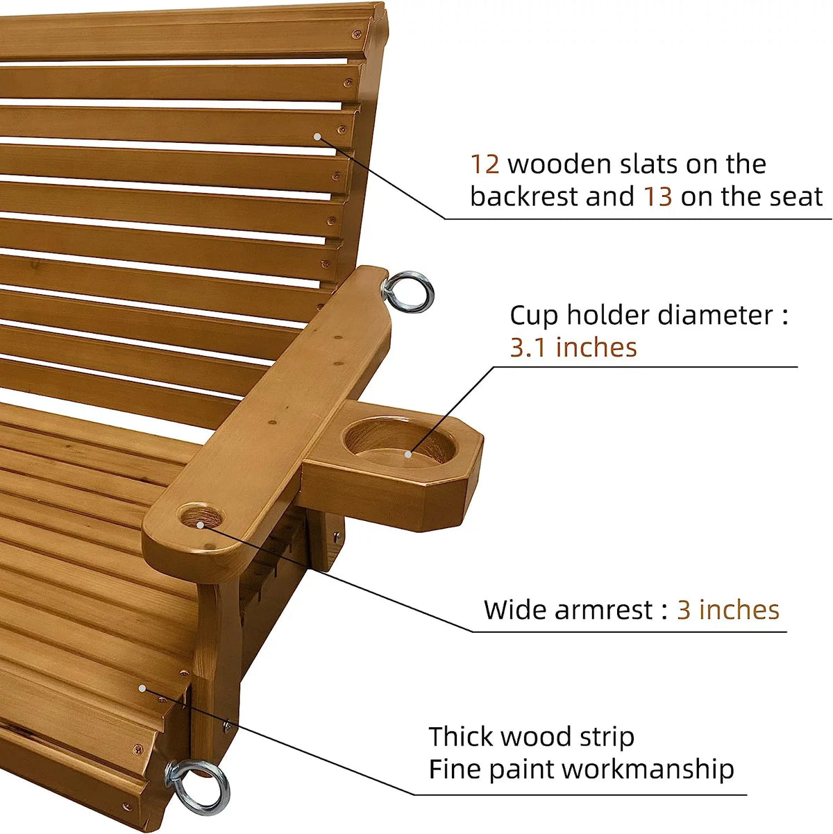 Brown 2 Seater Wooden Porch Swing with Cupholders A40590