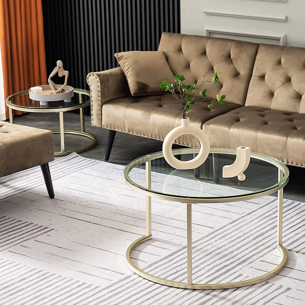 Gold Round Nesting Coffee Table Set of 2 with Tempered Glass R79946