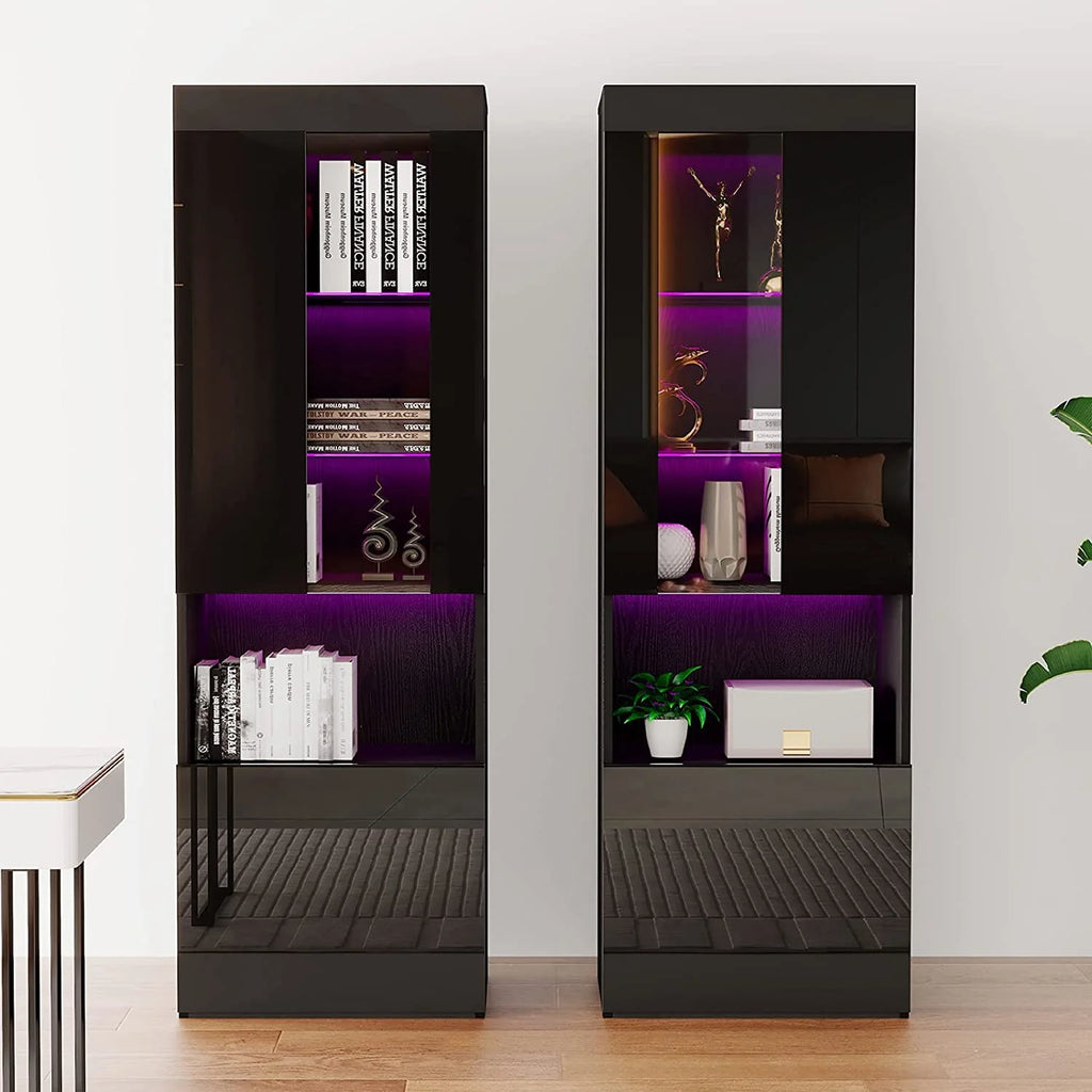 Black 2 Piece Wood Bookcase Storage Cabinet with Glass Shelves Z981540