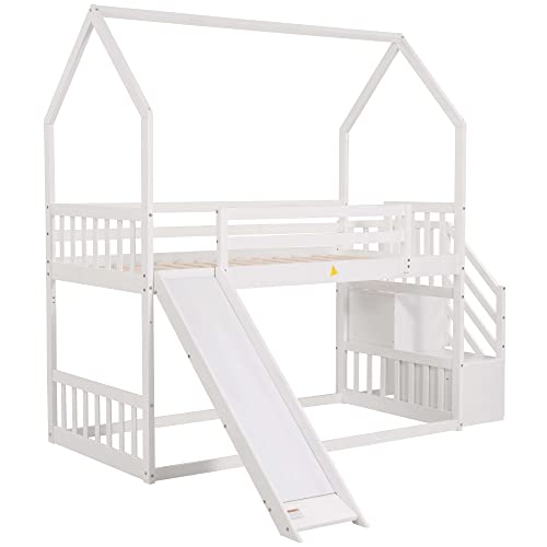 Twin Over Twin White Wood Bunk Bed with Slide and Storage Staircase K62809