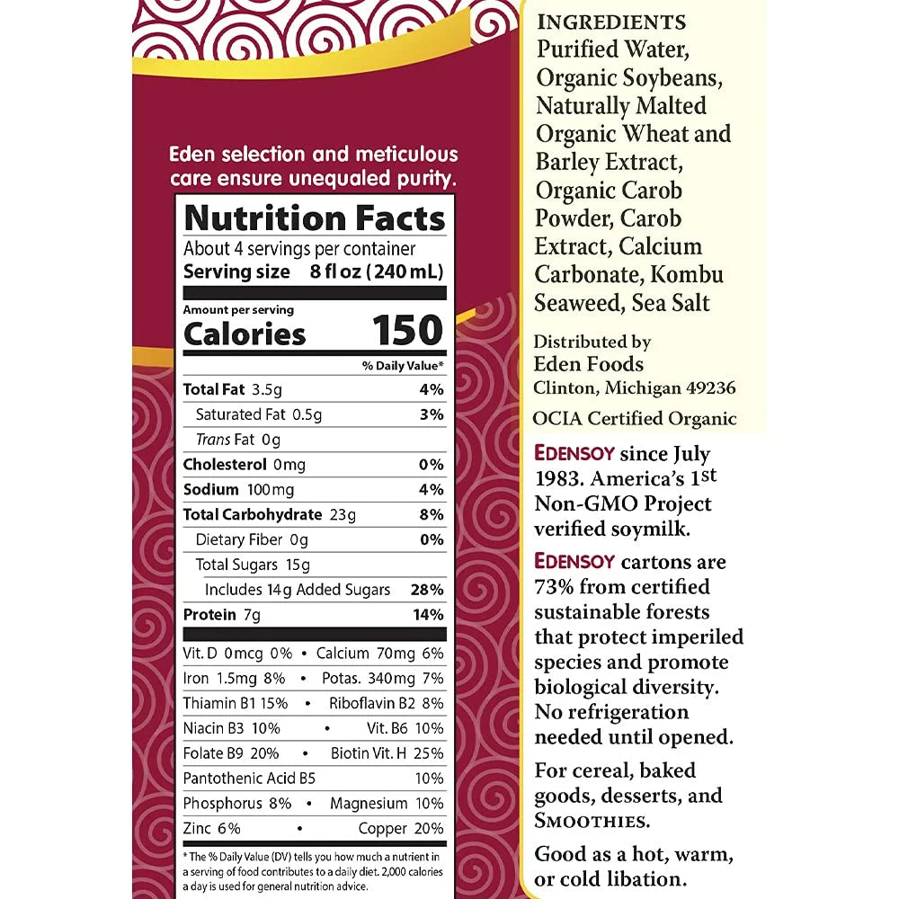 Organic EdenSoy Soymilk Dairy Free Carob 32 fl oz Pack of 3 P8563