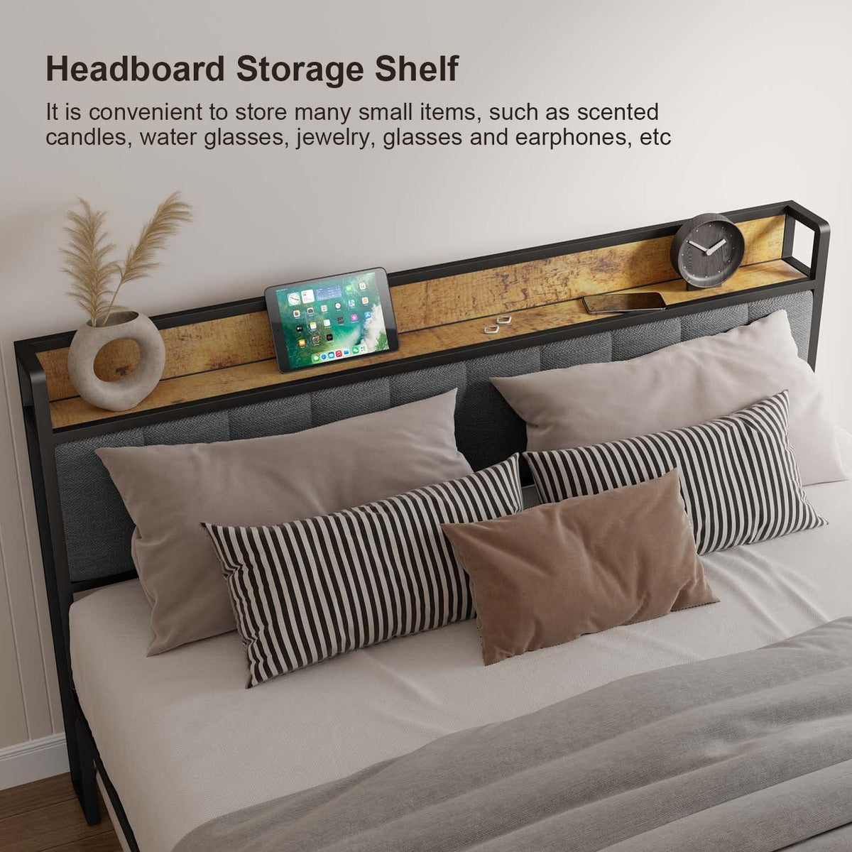 Queen Size Bed Frame with Storage Headboard Dark Grey W216