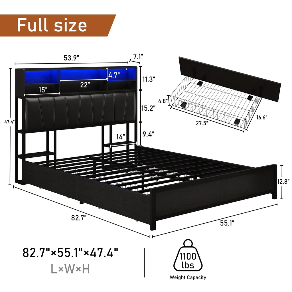 White Queen Size LED Storage Bed Frame with Charging Station V1913