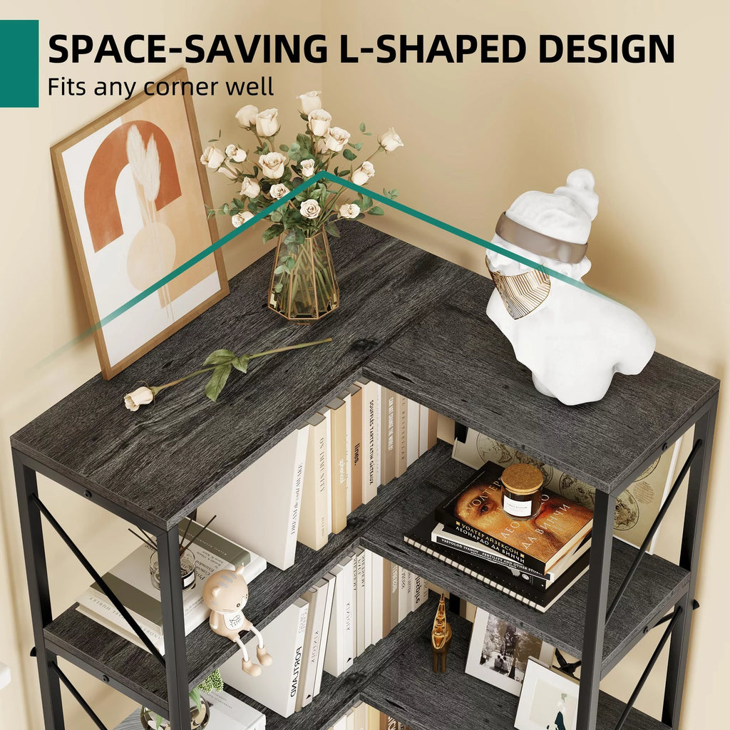 5-Tier L-Shaped Dark Gray Bookcase A1988