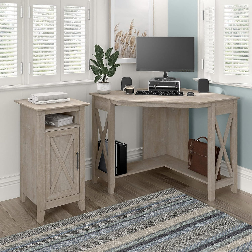 Washed Gray Small Corner Desk with Storage Cabinet U2465