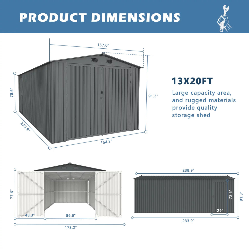 20x13 ft Metal Garage Shed with 2 Doors and 4 Vents F137321