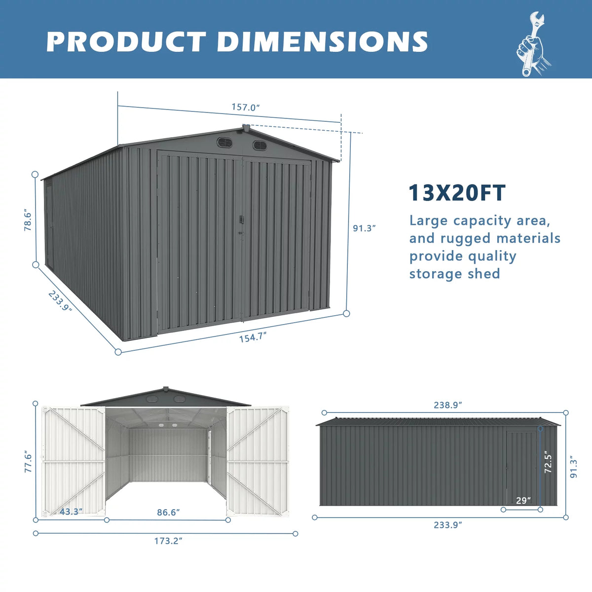 20x13 ft Metal Garage Shed with 2 Doors and 4 Vents F137321