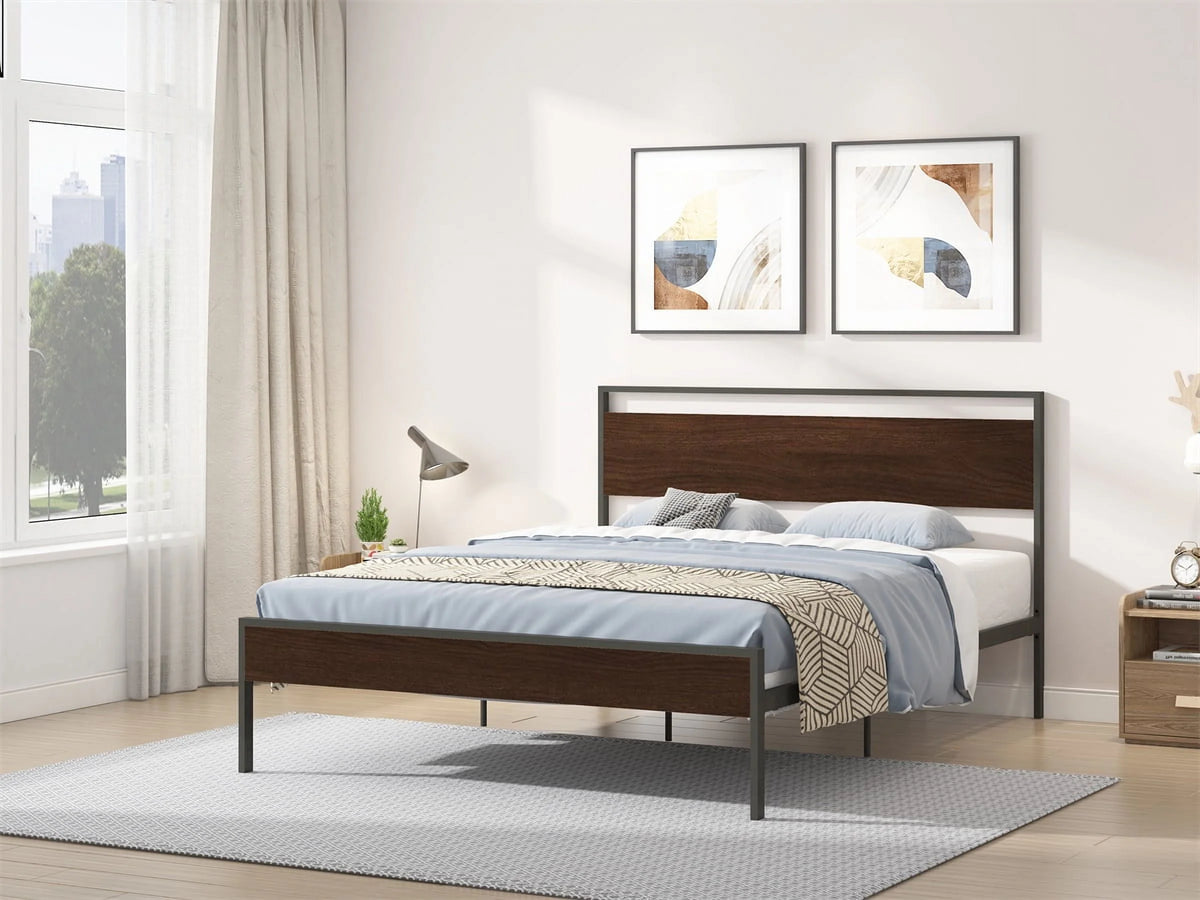 Queen Size Metal Platform Bed Frame with Wood Headboard I89338
