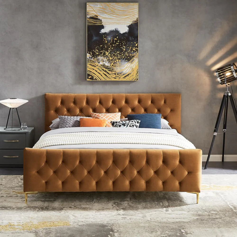 Tan Velvet Upholstered King Platform Bed Y878