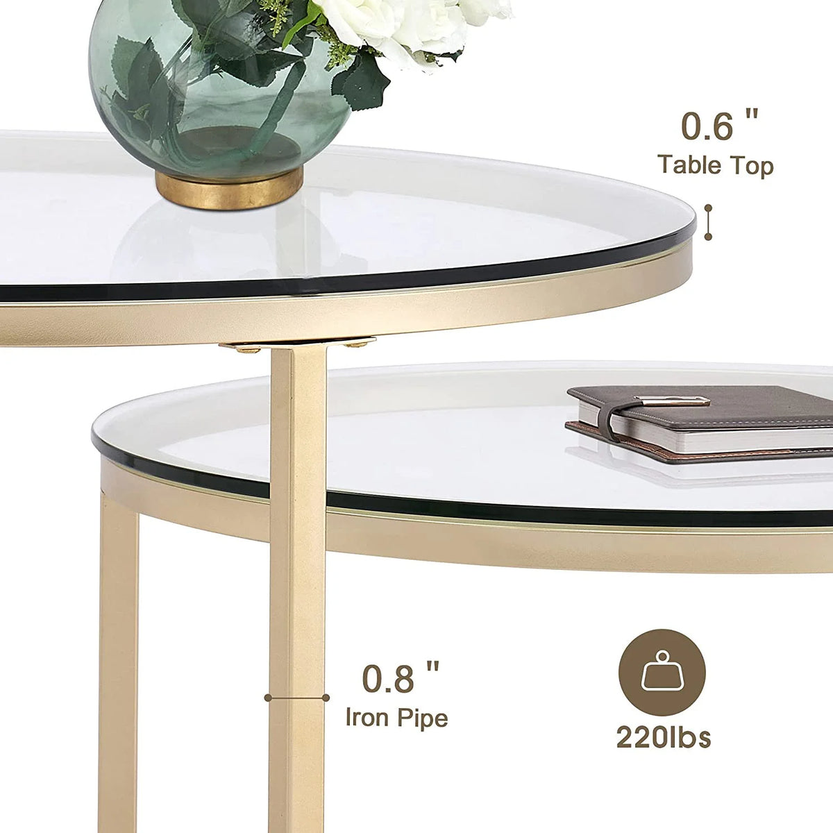 Gold Round Nesting Coffee Table Set of 2 with Tempered Glass R79946